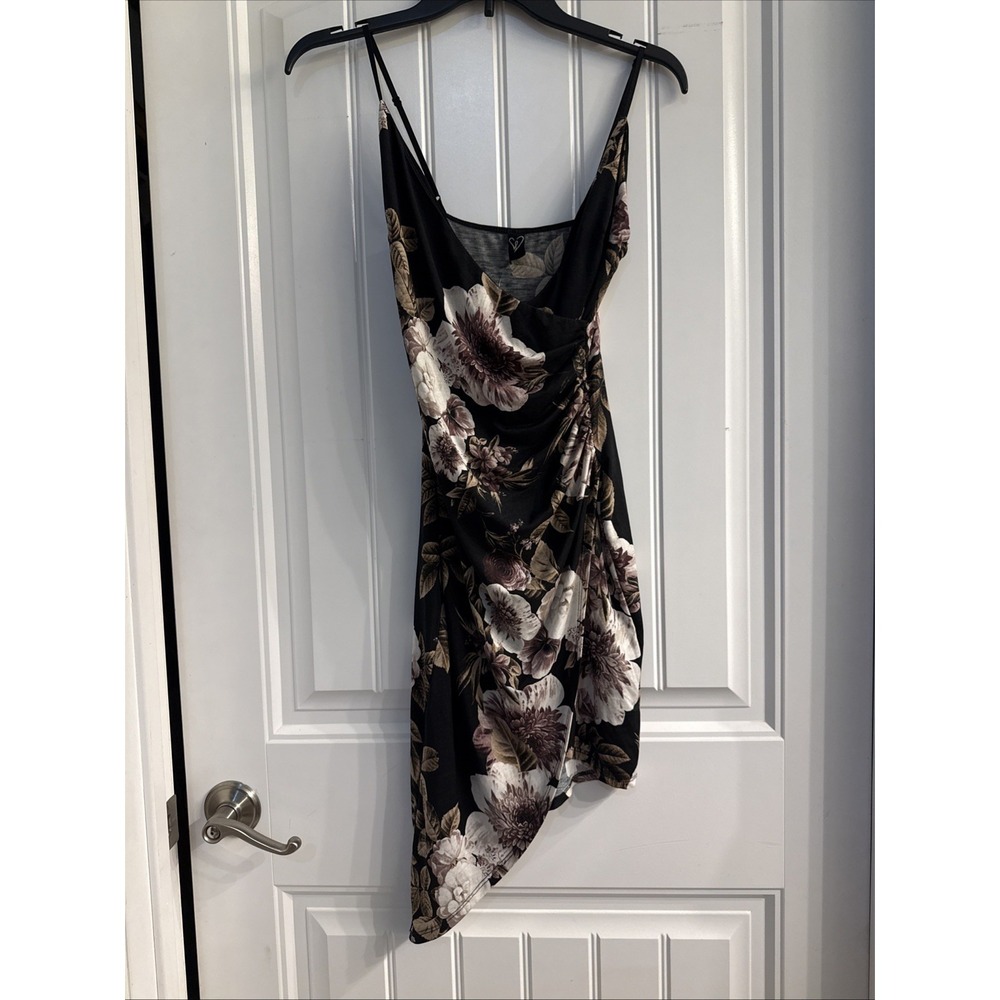 Windsor Black floral Slip Dress Jrs. Side Ruched 90s Y2K Asymmetrical Hem NWT Sm